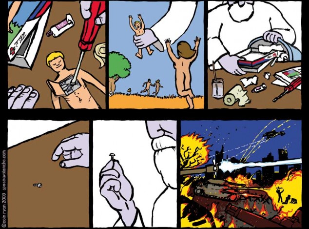 And God saw that it was—OOPS Comic showing God making humans, then discovering a screw he missed, then people blowing each other up.