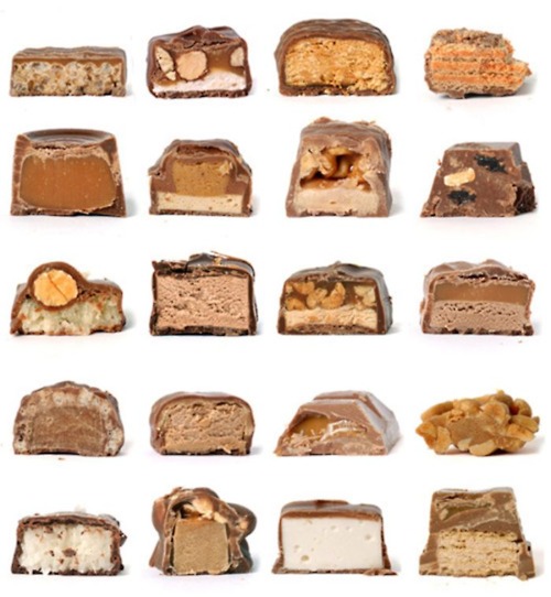 Candy bar cross-sections 20 candy bars cut in half