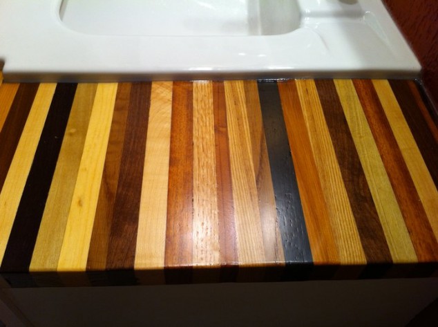 Bathroom counter made from 13 different types of wood