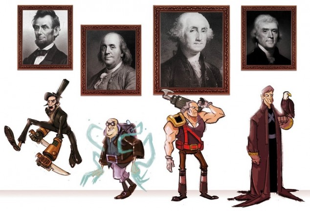 Lincoln, Franklin, Washington, and Jefferson as comic book heroes