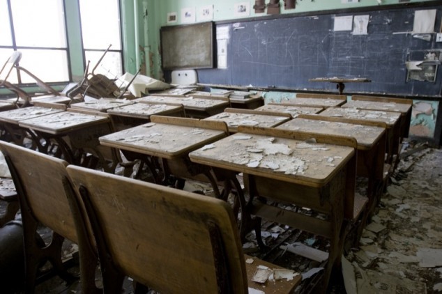 Trashed classroom in a deserted Detroit public school