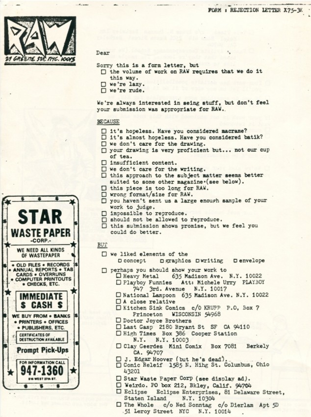 Raw Magazine's Rejection Form Letter - 01