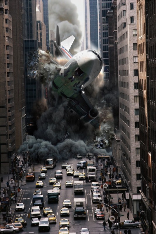 Image of a plane crashing into a busy downtown