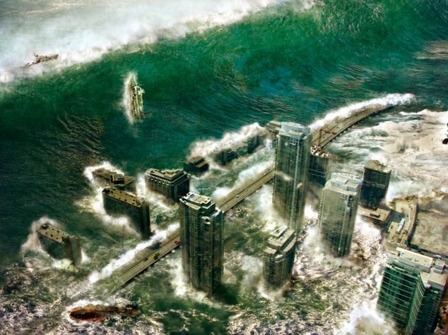 Image of a skyscraper-high tidal wave about to overwhelm a city