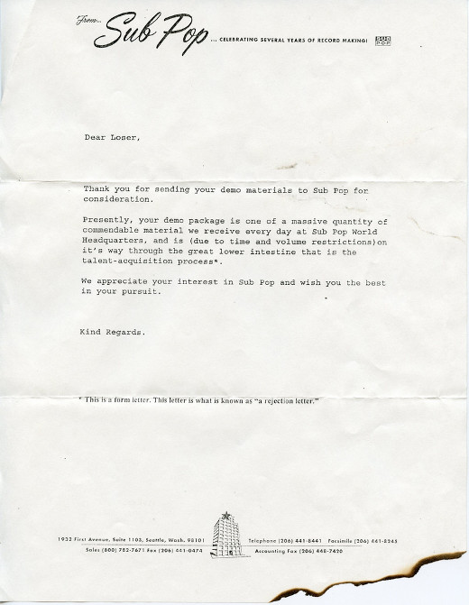 Sub Pop rejection letter