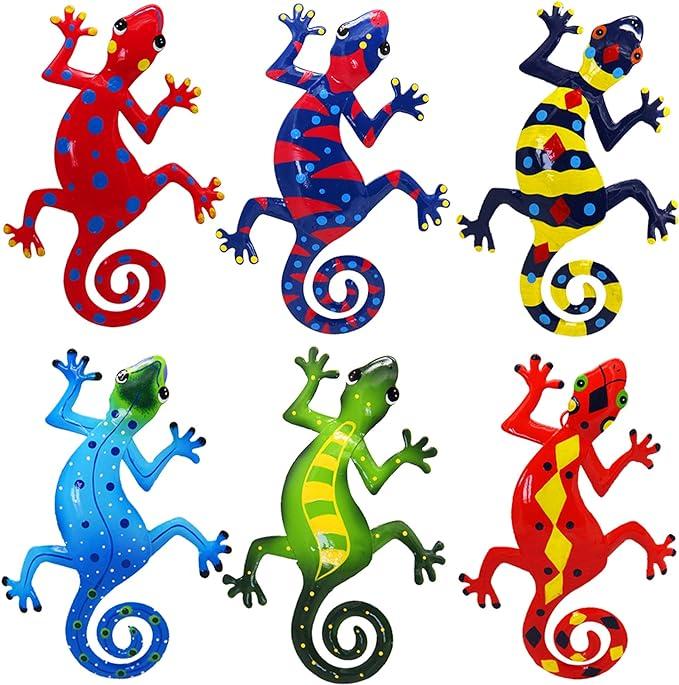 Colorful array of six gecko sculptures