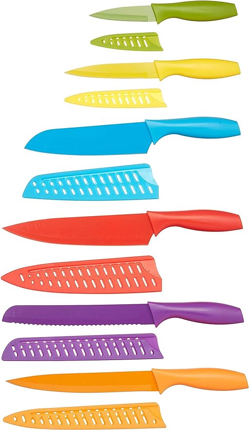 A set of different colored knives for kitchen use with visible blades and handles