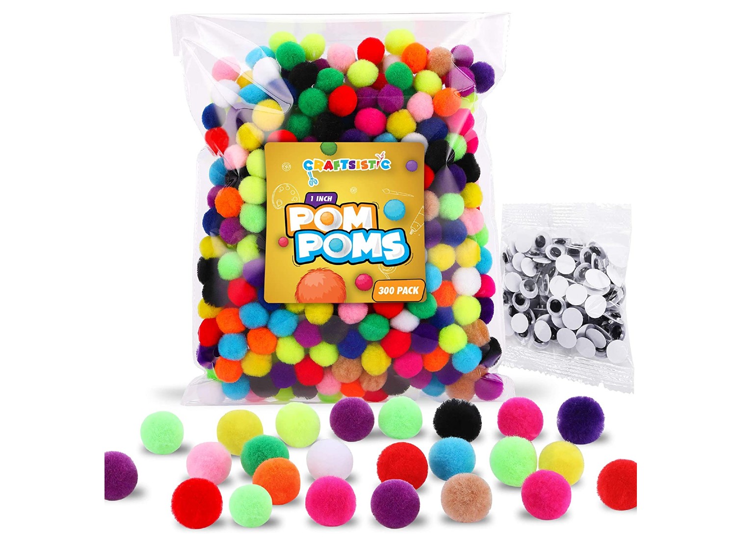 Vibrant Assorted Pompoms for Crafts Zelssi 1600 Pcs – 1400 Assorted Sizes Pom Poms with 100 Googly Eyes and 100 Pipe Cleaners Multi Colored Pom Pom for Arts and Craft Making Decorations 