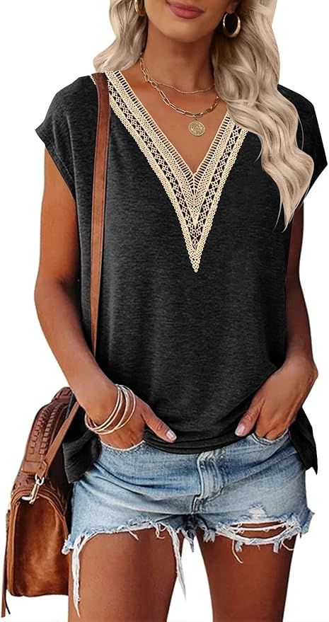 MEROKEETY Women's Casual Cap Sleeve Lace Trim V Neck Tops 2024 Summer Loose Tee Shirts Blouse