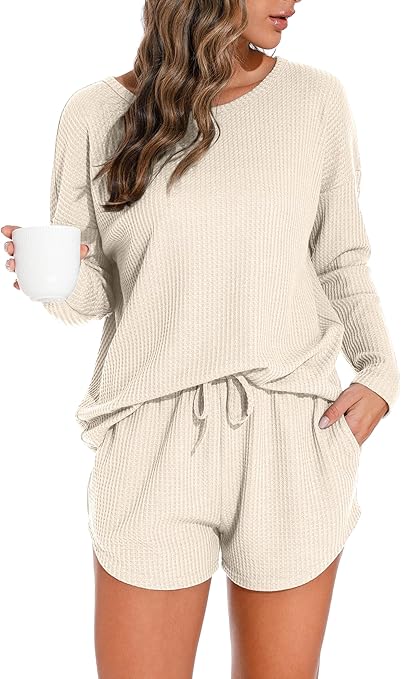 PrinStory Pajamas Set for Women Waffle Knit Lounge Set 2 Piece Outfits Loungewear Sweatsuit with Pockets