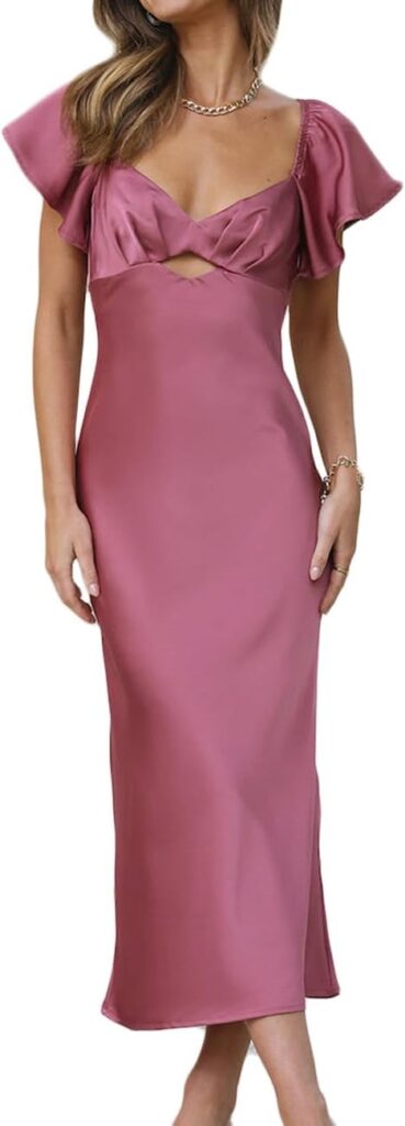 Summer Satin Flutter Sleeve Wedding Guest Dresses for Women Sweetheart Neckline Cutout Tie Back Midi Cocktail Dress