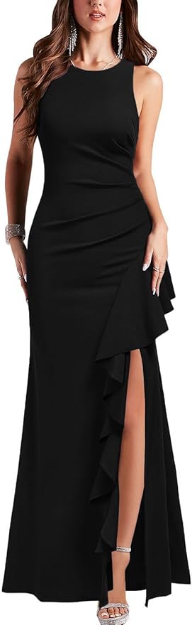 WOOSEA Women's Scoop Neck Sleeveless Split Bodycon Mermaid Evening Cocktail Long Dress