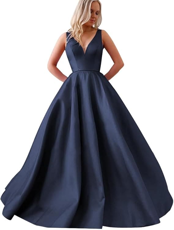 Satin A Line Wedding Dresses for Bride V Neck Prom Dresses with Pockets Simple Long Ball Gowns