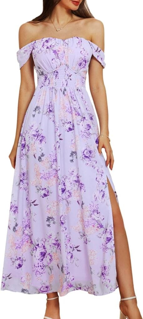 GRACE KARIN 2024 Women's Summer Floral Print Flowy A Line Maxi Dresses Sleeveless Smocked Off Shoulder Dress