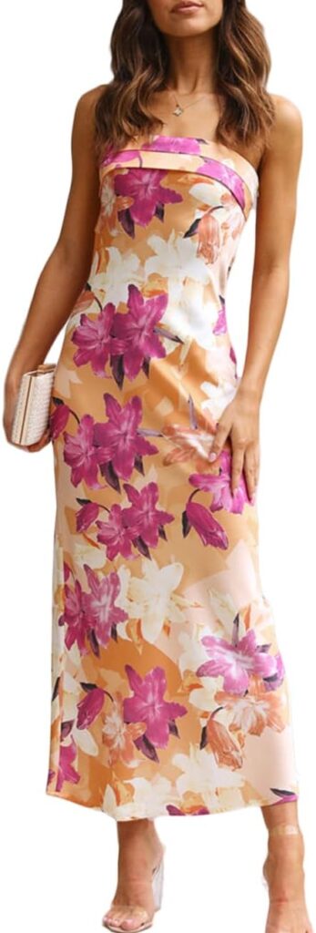 Realtix Satin Silk Backless Tube Tops Maxi Dress for Women Low Back Hollow Out Elegant Strapless Long Dresses Wedding Guest