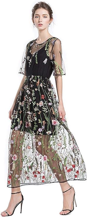 BaronHong Women's Floral Embroidered Tulle Prom Half-Sleeve V Neck Midi Dress with Waist Strap
