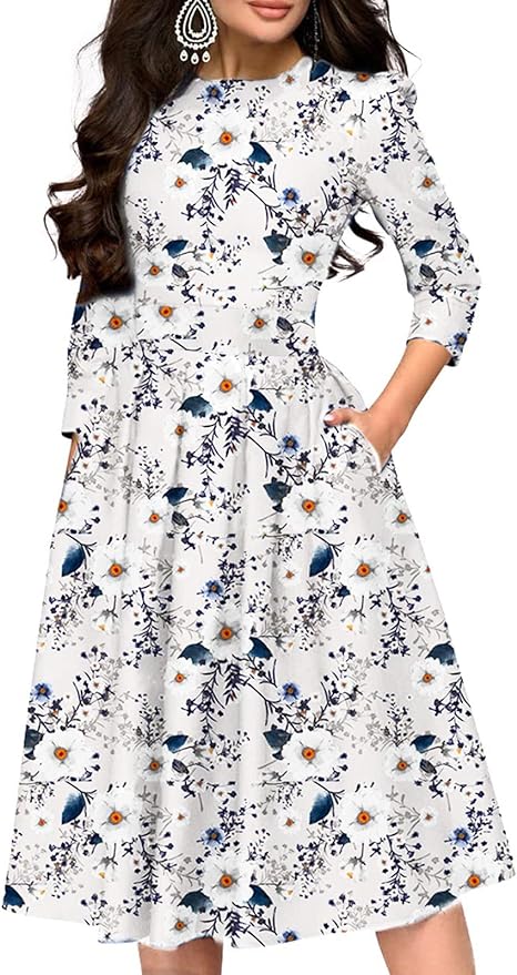 Simple Flavor Women's Floral Vintage Dress Elegant Midi Evening Dress 3/4 Sleeves