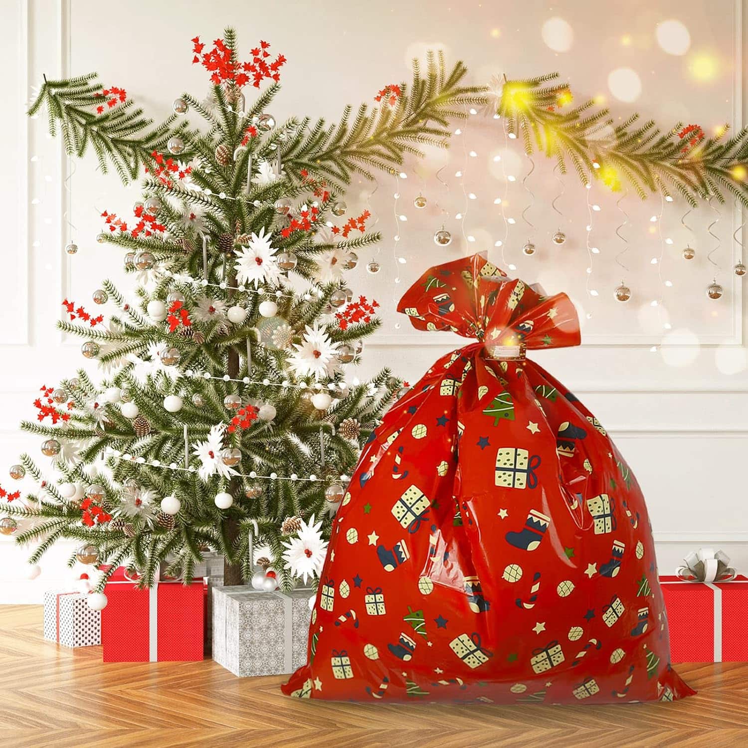 Recycled Wrapping Paper Cute Printed Christmas Gift Bag Santa Snowflake Christmas Tree Drawstring Gift Bag Christmas Aluminum Foil Bag Christmas Gift