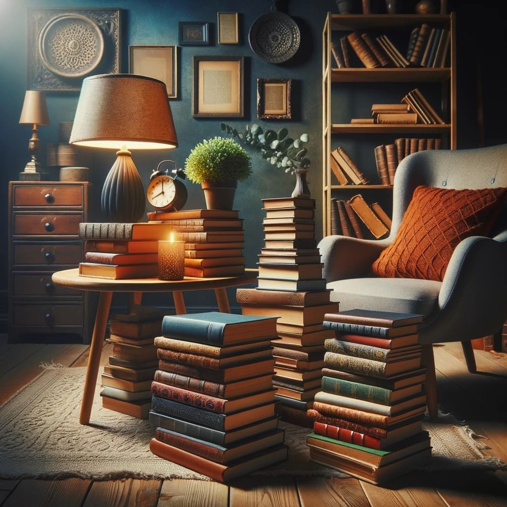 Photo of a stack of books in the chosen style. A cozy reading nook with a soft lamp glow, a comfortable chair, and a table piled with intriguing books