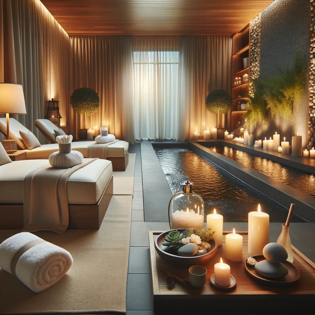 a serene spa retreat. A calming environment with soft lighting, a tranquil water feature, and plush