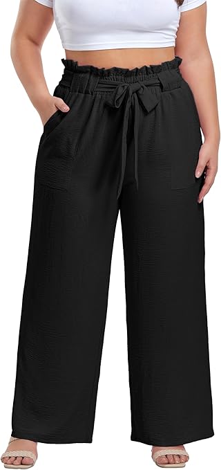 OLRIK Women's Casual Plus Size Pants High Waisted Self-tie Belted Lounge Pants Straight Long Trousers with Pockets