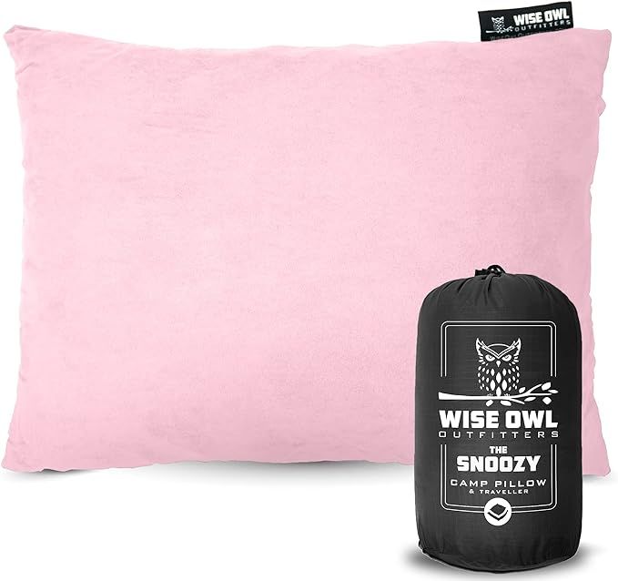 Pink Wise Owl memory foam camping pillow, portable with washable cover for travel.
