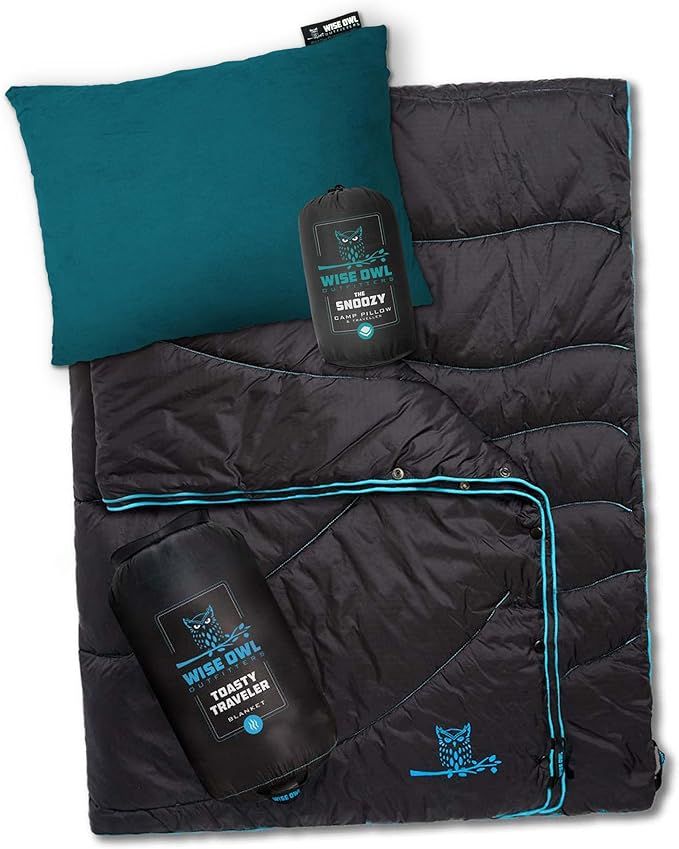 Wise Owl Outfitters camping pillow and blanket, teal pillow, black with blue trim, essential winter camping gear.