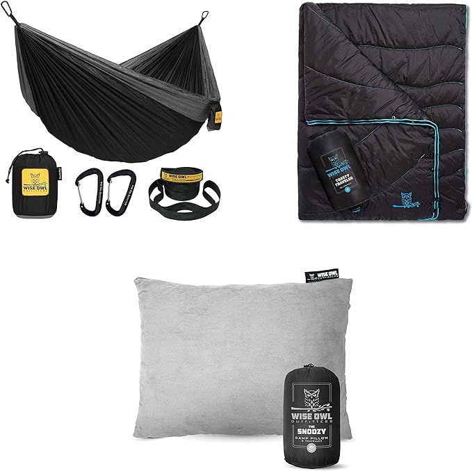 Wise Owl waterproof hammock and grey pillow, black camping blanket, backpacking essentials.