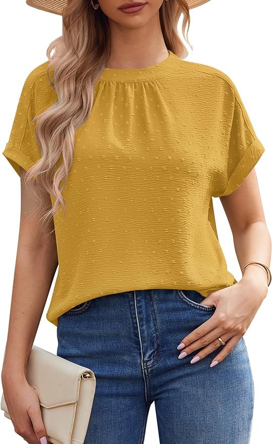 Work Blouses for Women Dressy Casual Swiss Dots Short Sleeve Tops Chiffon Business Casual Summer Tops