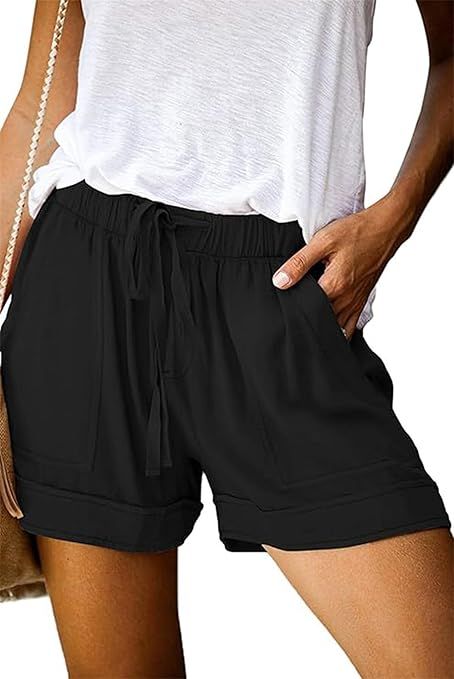 Womens Summer Casual Shorts Dressy Elastic High Waist Drawstring Flowy Shorts with Pockets
