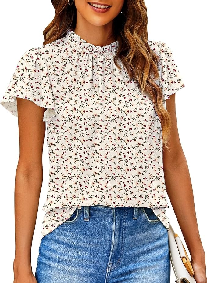 SimpleFun Women Boho Shirts Floral Ruffle Short Sleeve Mock Neck Flowy Casual Summer Blouses Tops