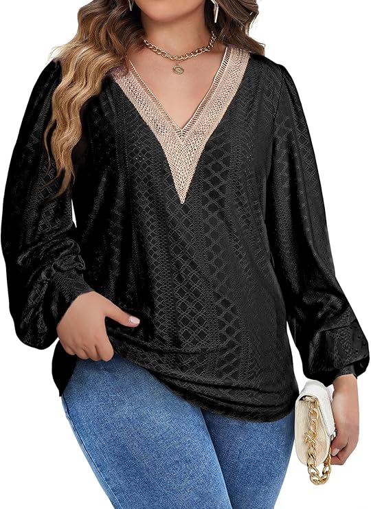 Eytino Womens Plus Size Tops Lantern Long Sleeve Lace V Neck Dressy Casual Blouse Loose Tunic Shirts(1X-5X)