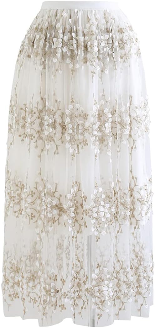 CHICWISH Women's 3D Vine Embroidered Mesh Tulle Skirt