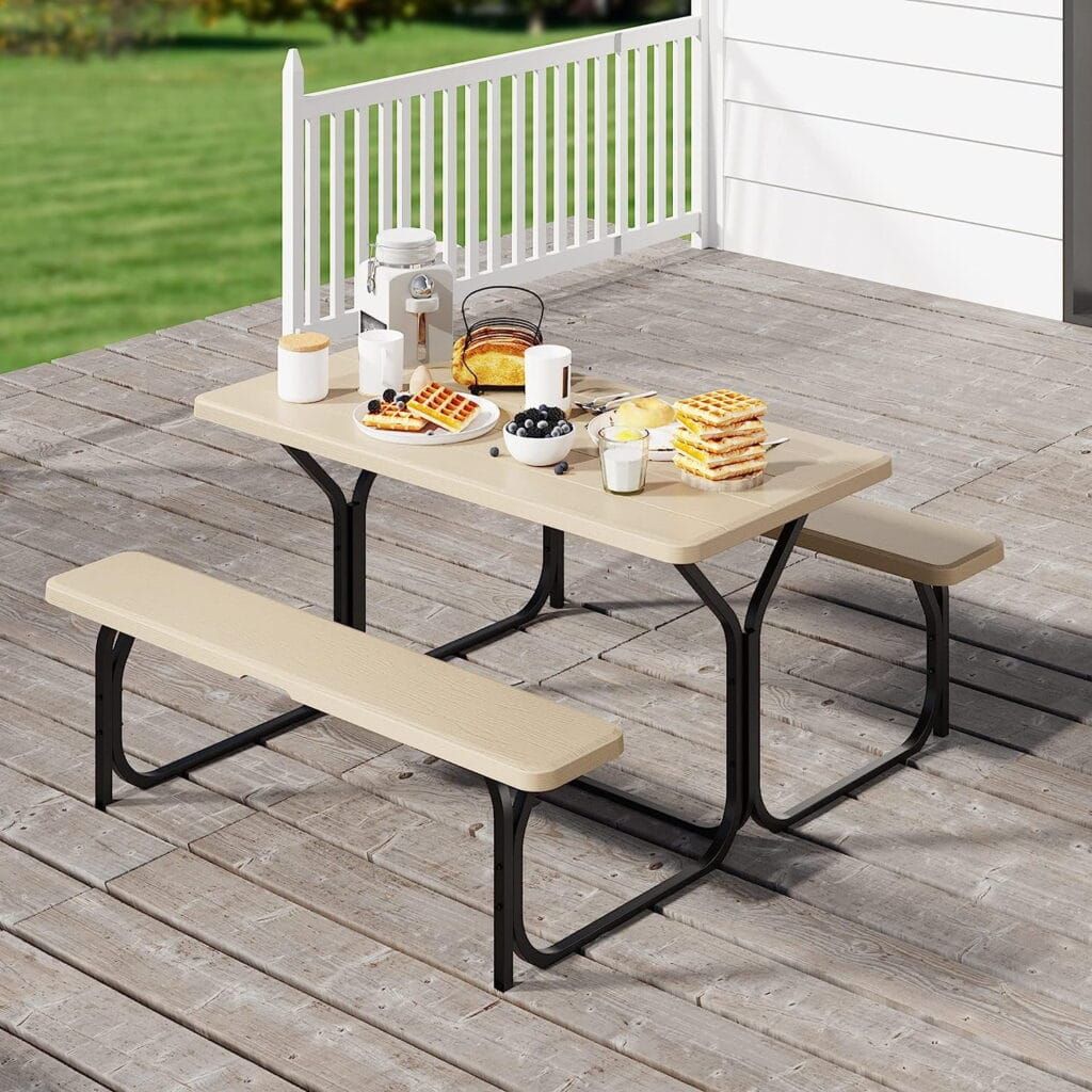 Dextrus Heavy-Duty Outdoor Picnic Table Set with Weatherproof Resin Tabletop, Sturdy Steel Frame for Yard, Patio, and Lawn, Light Brown