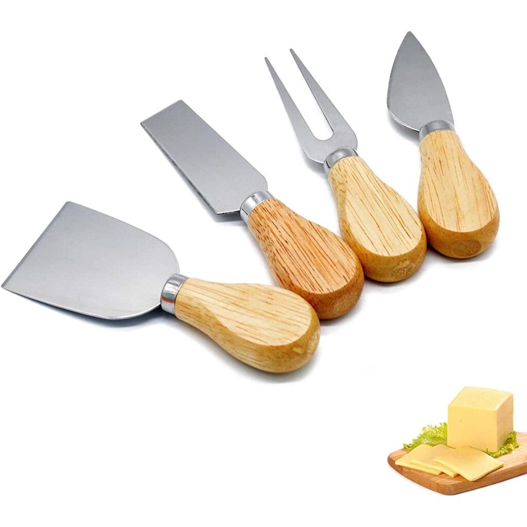 Cheese Knives with Bamboo Wood Handle,Casewin Set of 4 Steel Stainless Cheese Slicer Cheese Cutter- Mini Knife, Butter Knife, Spatula & Fork