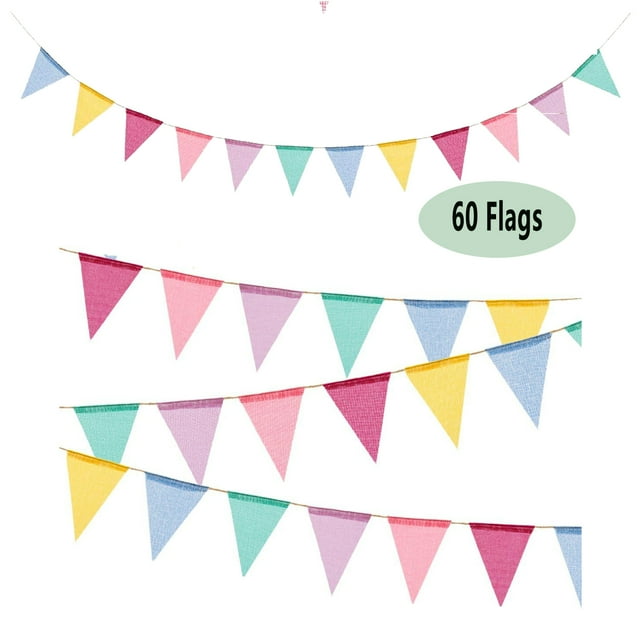 60 Flags Imitated Burlap Pennant Banner Multicolor Fabric Triangle Flag Hanging Decoration for Summer Party