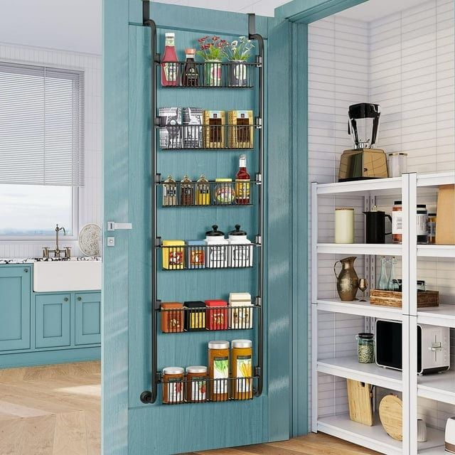 Aertyole 6-Tier Over the Door Pantry Organizer, Heavy-Duty Metal with 6 Baskets, Hanging Storage and Organization for Kitchen, Spice Rack (6x4.72 Width Baskets, Black)
