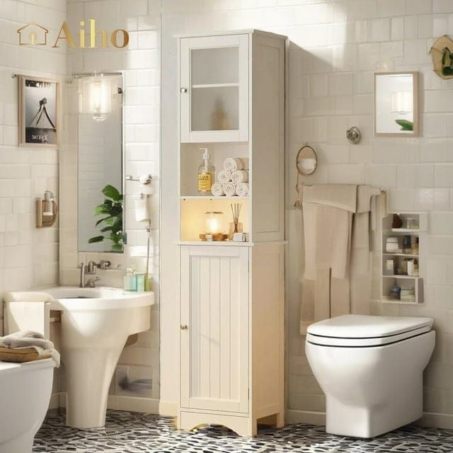 Aiho 67.1 " Bathroom Storage Cabinet with Adjustable Shelves, Kitchen Pantry with Two-Way Doors for Bathroom and Kitchen, Freestanding - White