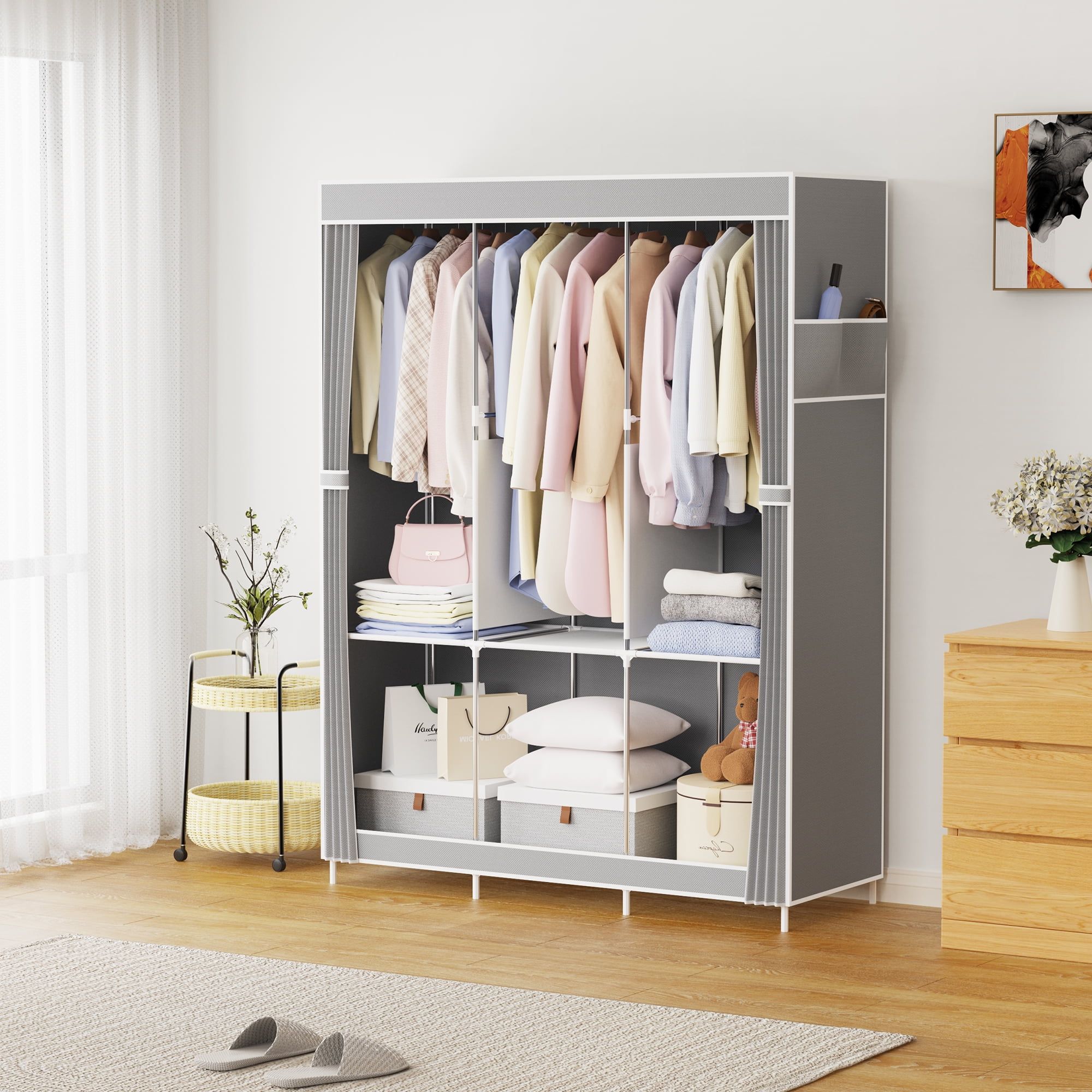 Riousery Large Portable Wardrobe Closet, 6-Shelf Organizer and Hanging Space, 51", Grey