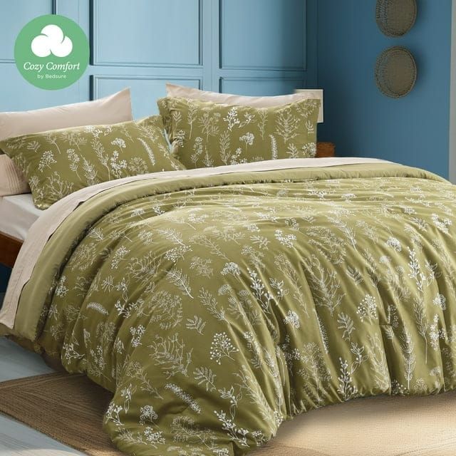 Cozy Comfort 3 Pieces Comforter Sets, 1 Soft Reversible Botanical Flowers Comforter and 2 Pillow Shams, Olive Green, Twin Size