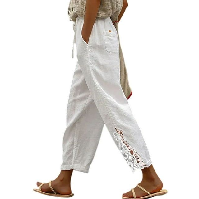 DOKOTOO Linen Pants Women Casual Lightweight Drawstring Pants Elastic Waist Pants with Pockets Size M