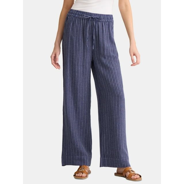 Time and Tru Women's and Women's Plus Wide Leg Linen Blend Pants, 29" Inseam, Sizes XS-4X