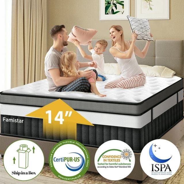 Queen Size Mattress, Famistar 14 Inch Memory Foam Mattress in a Box, Individual Innerspring hybrid Queen Bed Mattress, Medium Firm, CertiPUR-US Certified