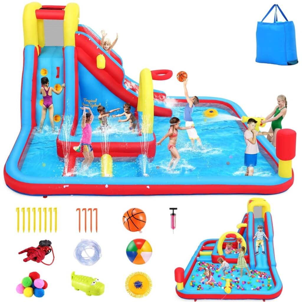 Adnoom Water Slide with Small Obstacle Course, Kids Bounce House with Dual Pools, Slide, Basketball Hoop, Climbing Wall, Water Cannon, Jumping Castle for Kids 3~12, Indoor & Outdoor