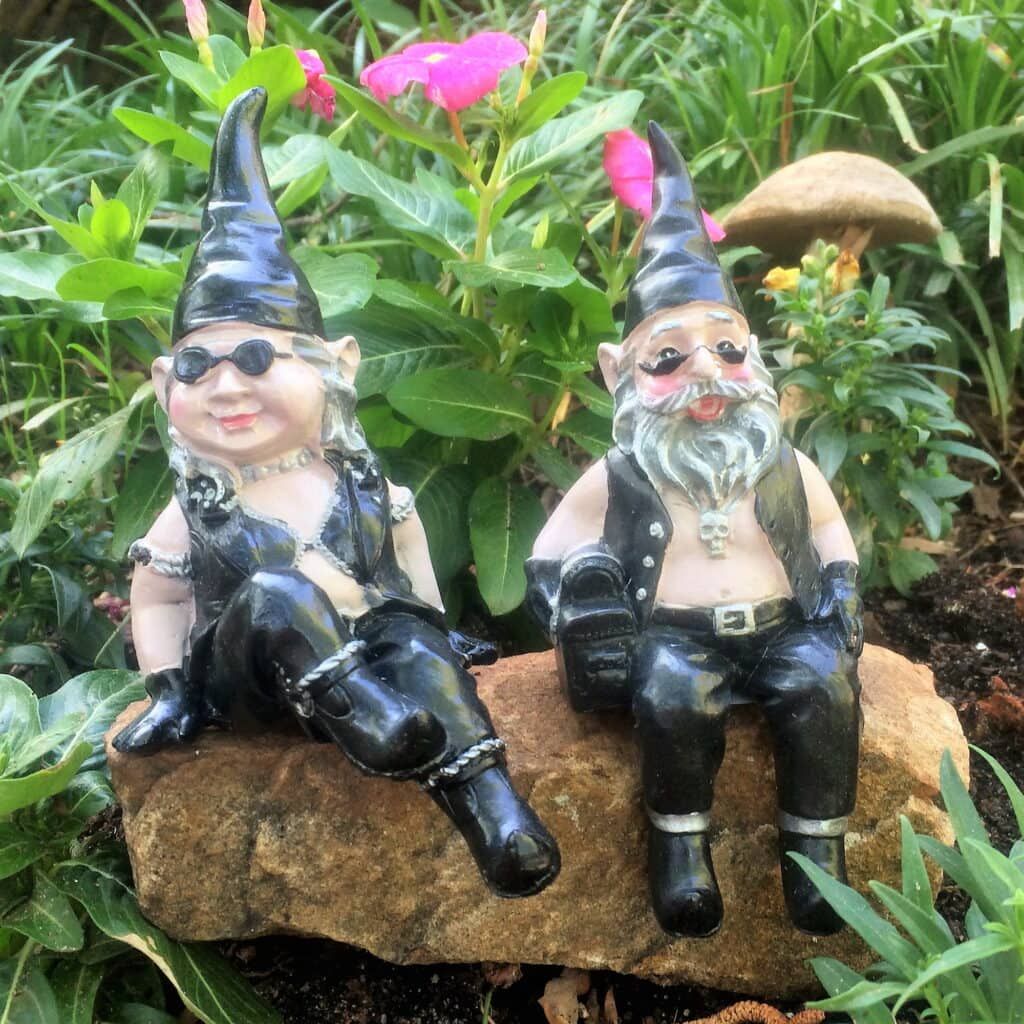 Homestyles "Biker Dude & Babe" the 6"H Biker Gnome Shelf Sitters in Leather Motorcycle Riding Gear Outdoor Garden Figurines
