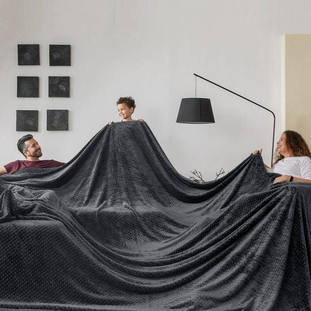 Seamless Big Blanket 120x120 Inch Oversized King 3D Jacquard Check Huge Fleece Blanket - Cozy Extra Large for Bed, King Size for Family, Giant 10x10ft, Dark Grey