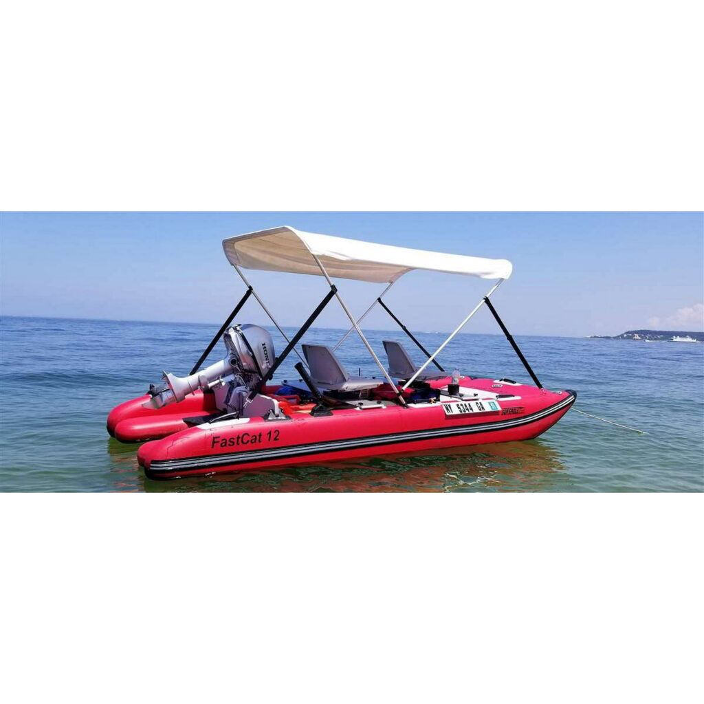 Sea Eagle FastCat12 Catamaran 2-4 Person Inflatable Boat-Rigid, High-Pressure, All-Drop Stitch, Easy Setup, Self-Bailing- Swivel Seat Canopy Package
