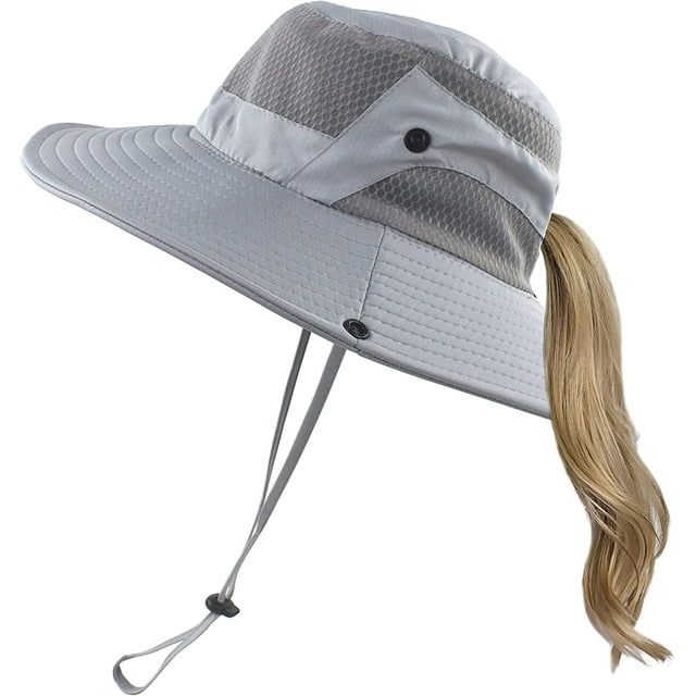 Muryobao Women Ponytail Sun Hat Summer UV Protection Cap Outdoor Waterpoor Foldable Mesh Wide Brim Bucket Hats for Beach Fishing Garden Light Grey