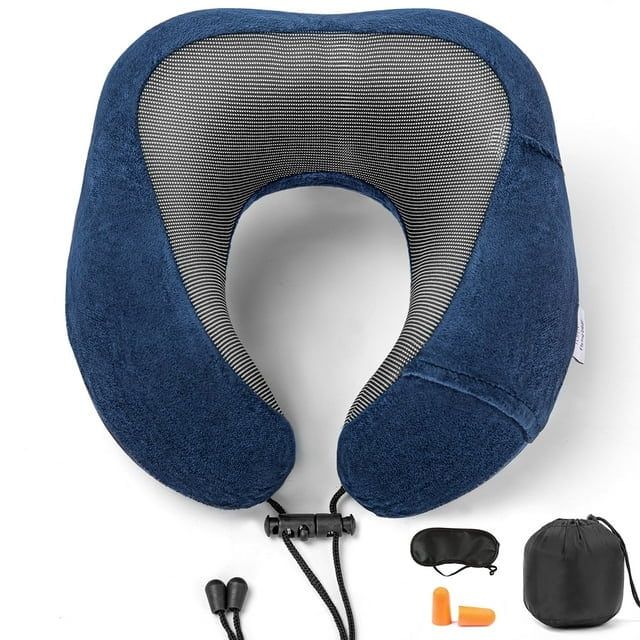Travel Pillow with Adjustable Clasp, Removable Cover Neck Pillow for Sleeping Airplane, Memory Foam Neck Pillow Set with Eye Mask, Earplugs and Storage Bag, Dark Blue