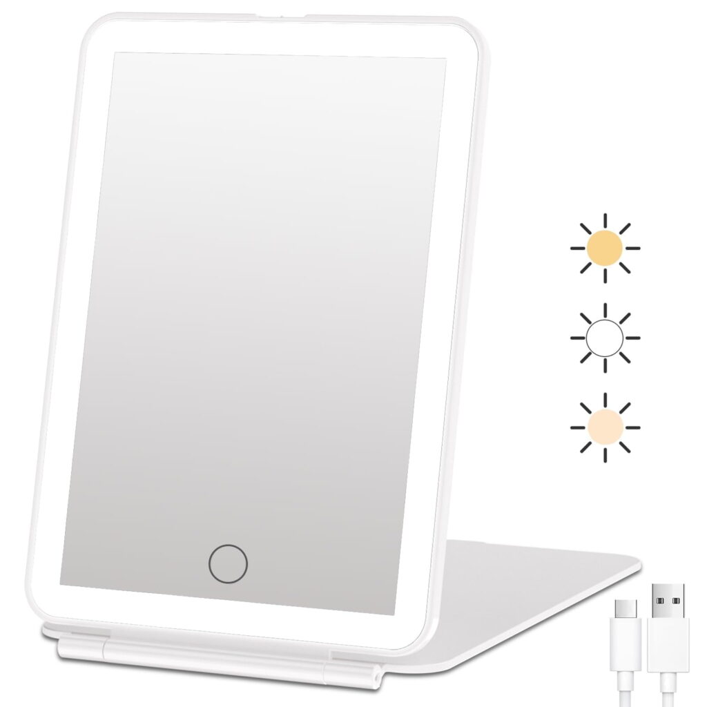 FUNTOUCH Portable LED Lighted Makeup Mirror, Dimmable Touch Control, Foldable Travel Vanity Mirror